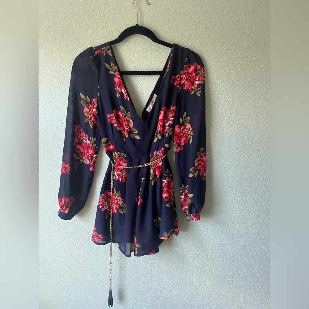 Navy Long Sleeved V Neck Romper